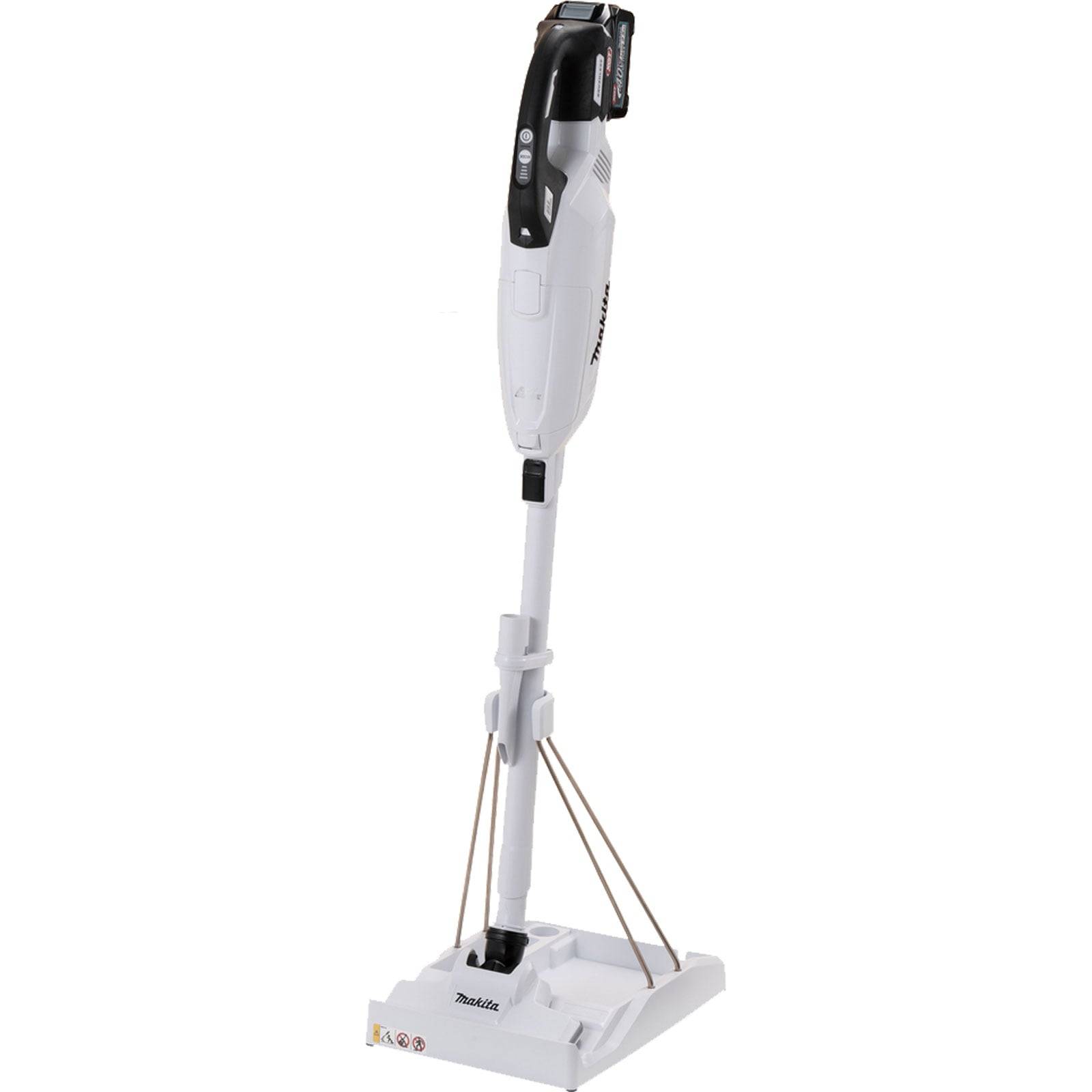 Ein weißer Makita-Staubsauger steht aufrecht und präsentiert sein elegantes Design und den abnehmbaren Griff.