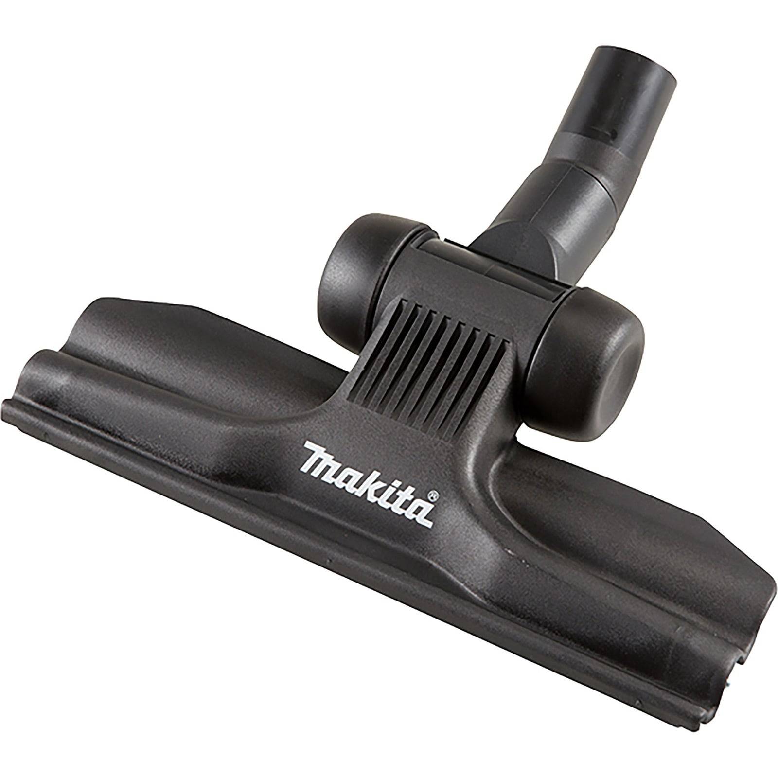 Das Bild zeigt eine schwarze Bodendüse für einen Staubsauger mit dem Markennamen 'Makita', der in weißer Schrift auf der Oberseite geschrieben steht.