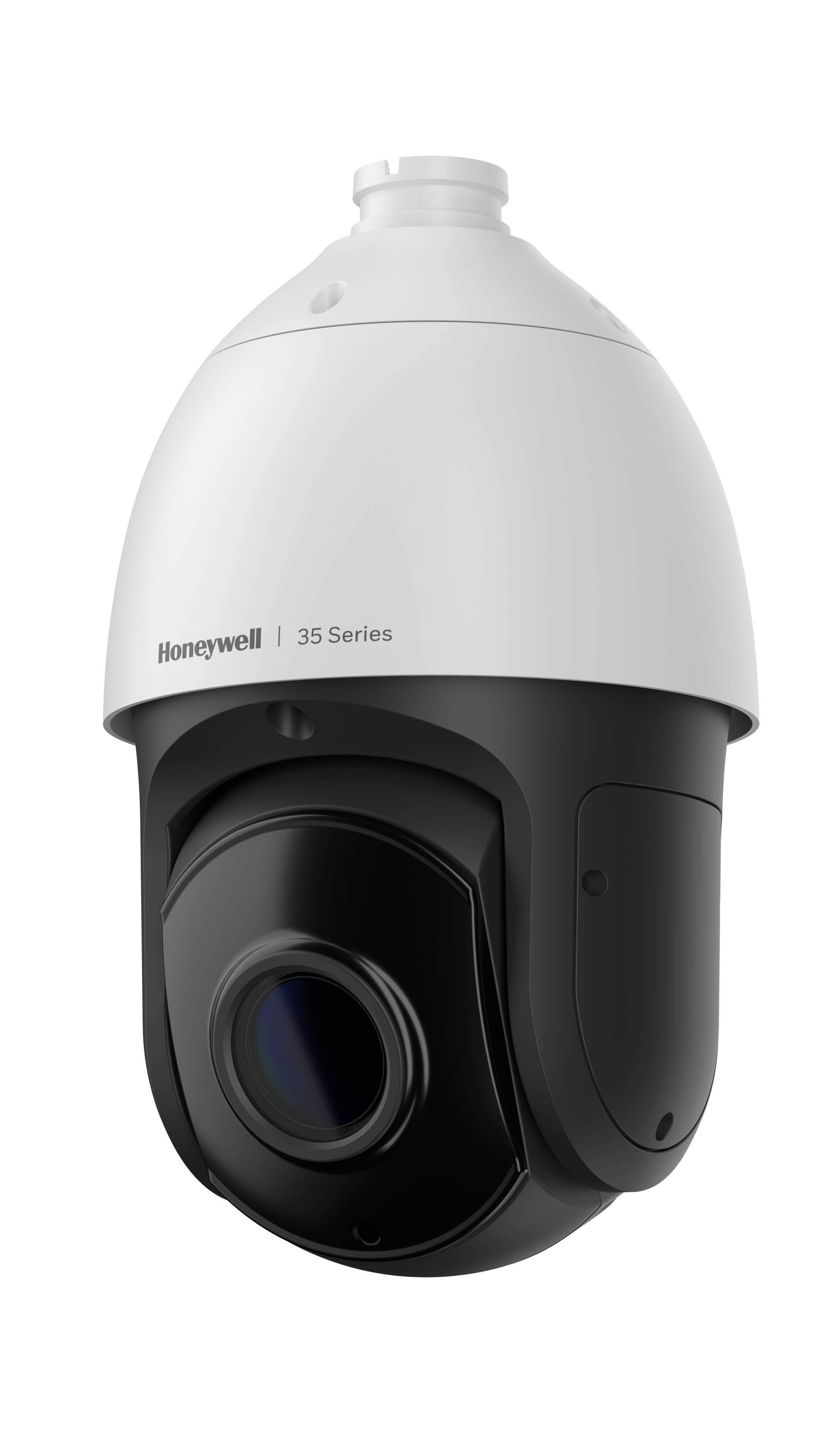 Honeywell 35er Serie Kuppel-Sicherheitskamera mit weißem oberen Gehäuse und schwarzer unterer Linseneinheit auf schwarzem Hintergrund