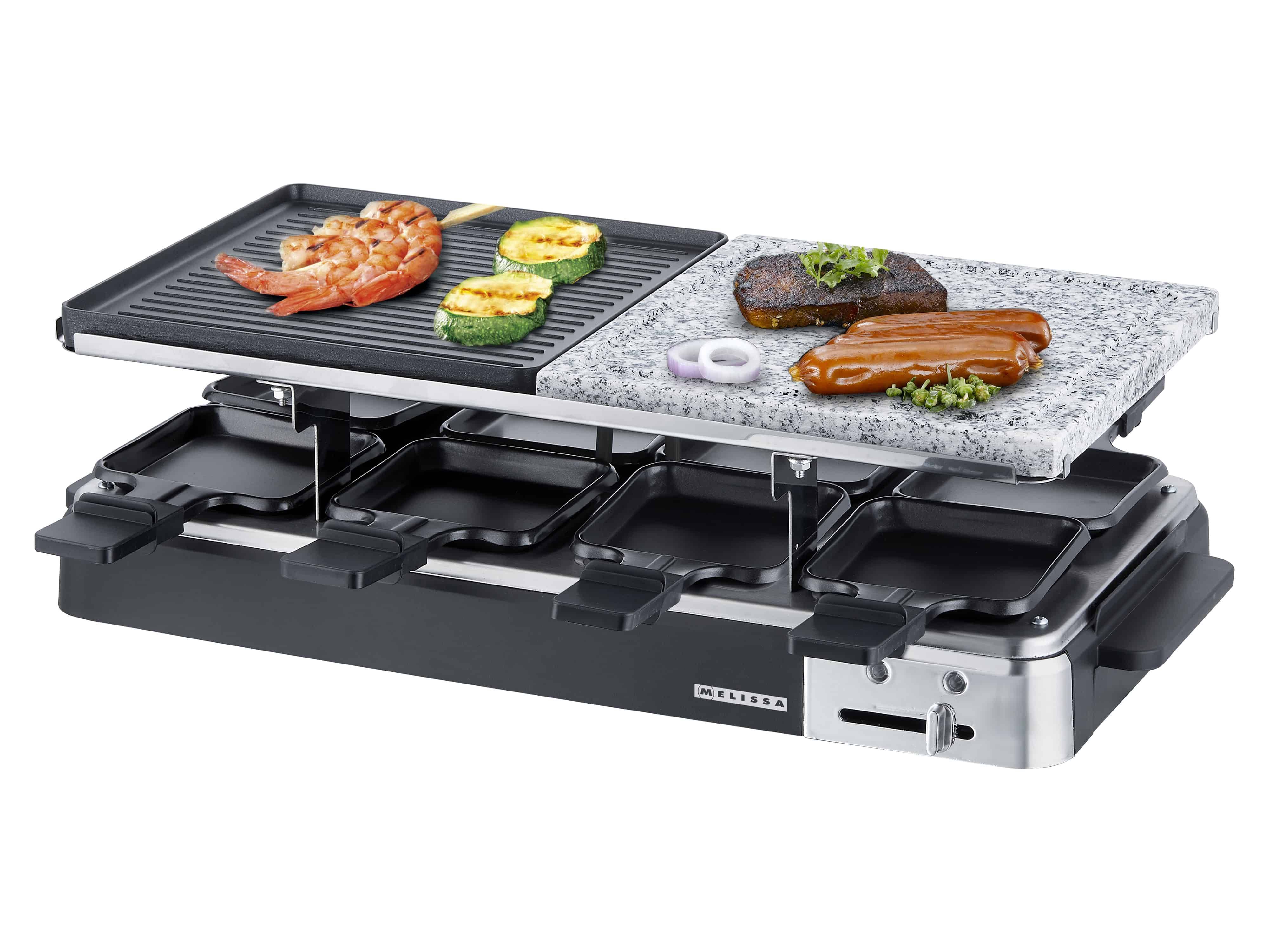 MELISSA Raclette-Grill 16300027, 1300 W, mit Steinplatte, 8 Pfannen, schwarz