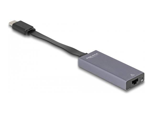 USB-C-zu-Ethernet-Adapter mit kurzem Kabel und einzelnem RJ45-Anschluss in grauem rechteckigem Gehäuse.