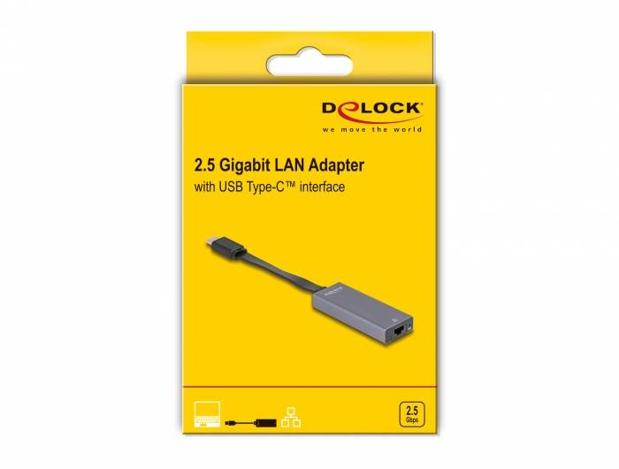 Gelbe Einzelhandelsbox für einen Delock 2,5-Gigabit-LAN-Adapter mit USB-Type-C-Schnittstelle, zeigt das Adapterkabel und den Stecker.