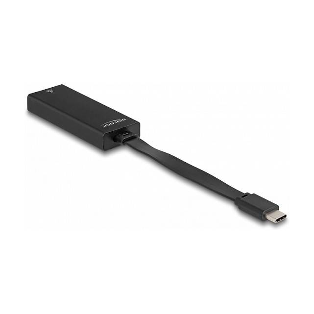 Schwarzer USB-C-Adapter mit kurzem Kabel, gezeigt auf weißem Hintergrund.
