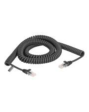 Aufgerolltes schwarzes Ethernet-Kabel mit RJ45-Steckern auf weißem Hintergrund.