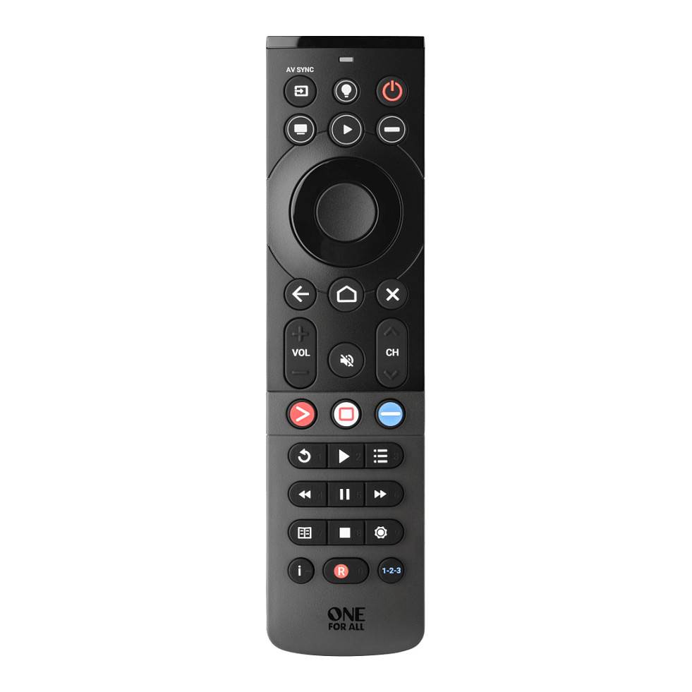 Schwarze One For All TV-Fernbedienung mit kreisförmigem Navigationpad, Lautstärke- und Kanalschaltern, Wiedergabesteuerungen und Ein-/Ausschalter.