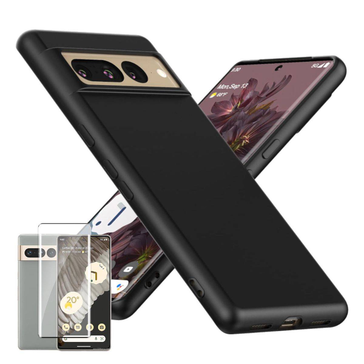 Für Google Pixel 8 Pro Silikoncase TPU Schwarz + 0,26 4D Curved Display LCD H9 Glas Handy Tasche Hülle Schutz Cover