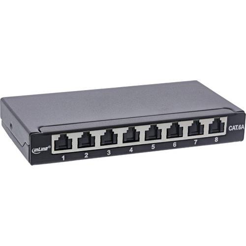 Ethernet-Patchfeld mit acht nummerierten RJ45-Anschlüssen, gekennzeichnet als CAT.6A, verwendet zur Netzwerkkabelorganisation.