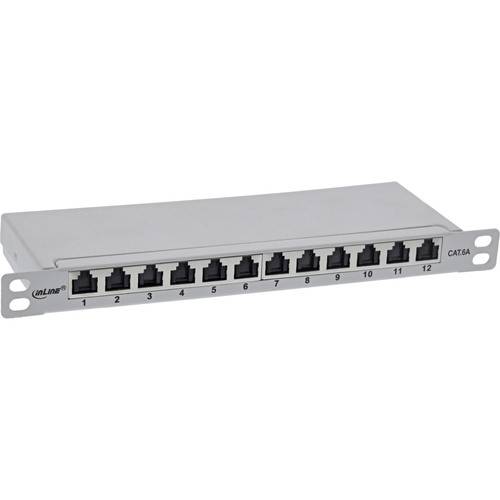 Ein 12-Port-CAT6A-Patchpanel mit nummerierten RJ45-Buchsen, das für die Verwaltung und Organisation von Netzwerkkabeln in einem Rechenzentrum oder einer Netzwerkinstallation verwendet wird.