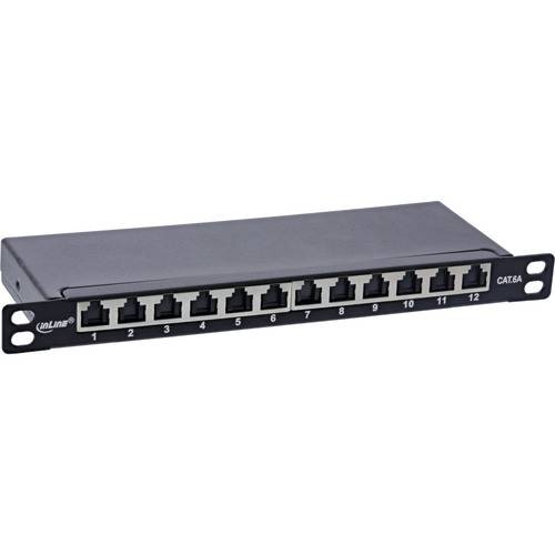 Ein 12-Port-Cat6A-Patchpanel mit nummerierten Anschlüssen für Netzwerkkabelverbindungen.