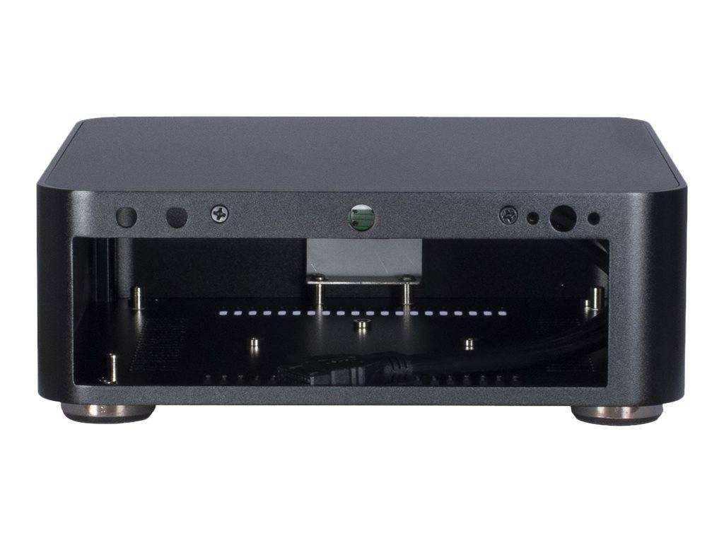 Schwarzes elektronisches Gerätegehäuse mit offener Frontbucht, sichtbaren internen Komponenten und Anschlüssen, auf weißem Hintergrund dargestellt.