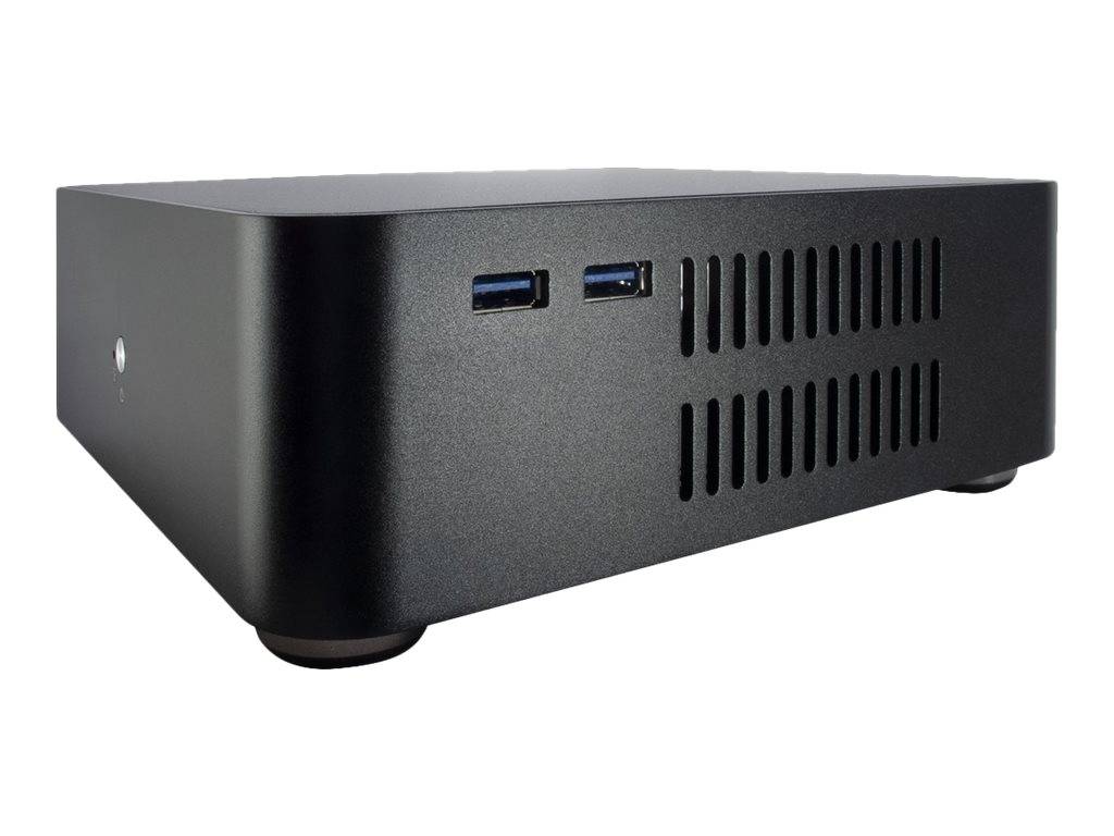 Schwarzes kompaktes Desktop-Mini-PC-Gehäuse mit zwei USB-Anschlüssen auf der Vorderseite und seitlichen Belüftungsschlitzen
