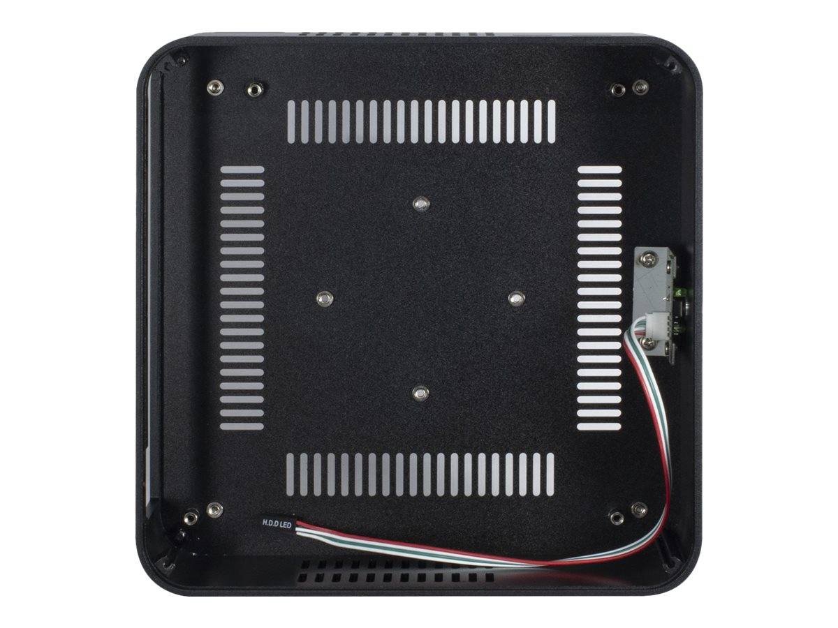 Rückansicht eines kleinen schwarzen elektronischen Gerätegehäuses mit Lüftungsschlitzen, Schrauben und einem angeschlossenen Kabel auf der rechten Seite.