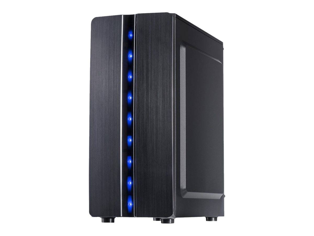 Schwarzes Desktopcomputer-Gehäuse mit blauen LED-Leuchten entlang der vorderen Blende, auf weißem Hintergrund dargestellt.