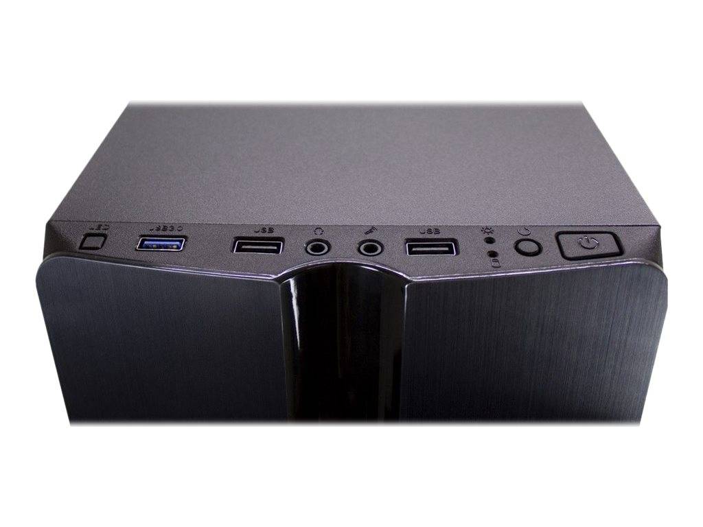 Frontansicht eines schwarzen Computergehäuses, das USB-Anschlüsse, Audiobuchsen, Netzschalter und Statusleuchten auf der Frontblende zeigt.