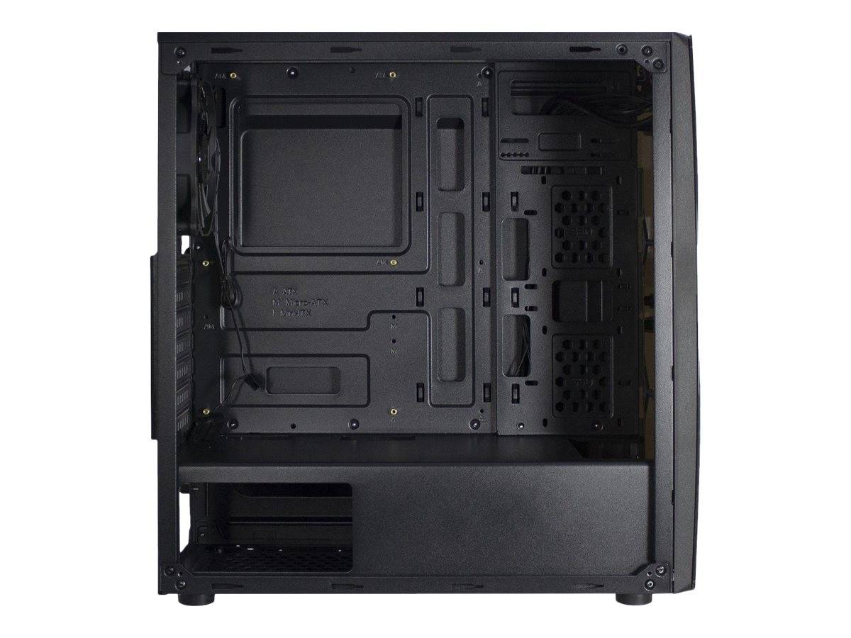 Leeres schwarzes Desktop-PC-Gehäuse-Inneres mit Mainboard-Träger, Kabelausschnitten, Laufwerkschächten und hinteren Lüfteröffnungen.