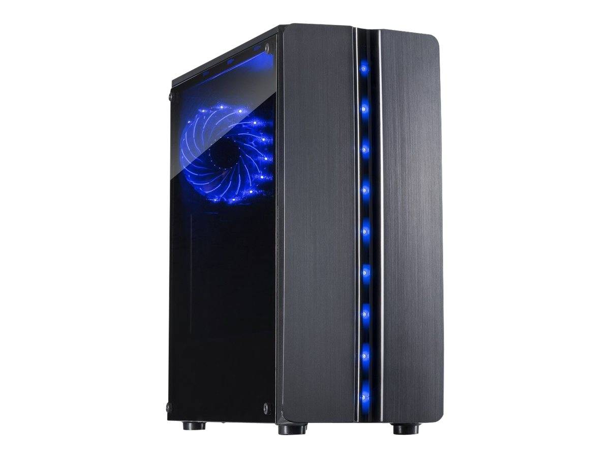 Schwarzes Computer-Gehäuse mit blauer LED-Beleuchtung und leuchtendem Frontlüfter, dargestellt auf weißem Hintergrund.