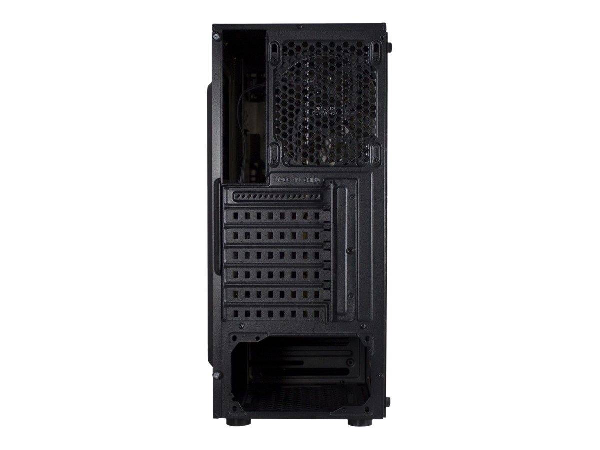 Vorderansicht eines schwarzen Desktop-Computer-Gehäuses mit Belüftungsgitter, Erweiterungssteckplätzen und vorderen Laufwerkschächten.