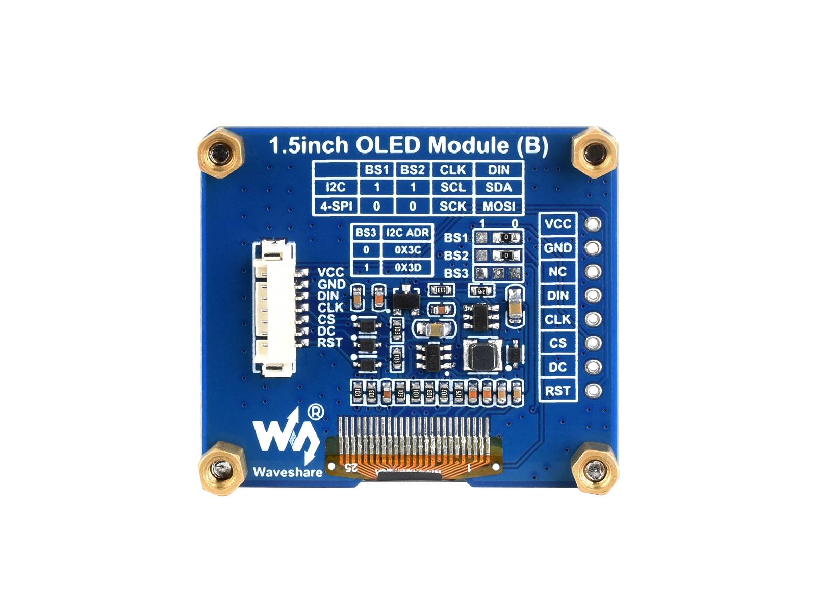 WaveShare 1.5inch OLED Display Module 128×128 SPI I2C White on Black Display