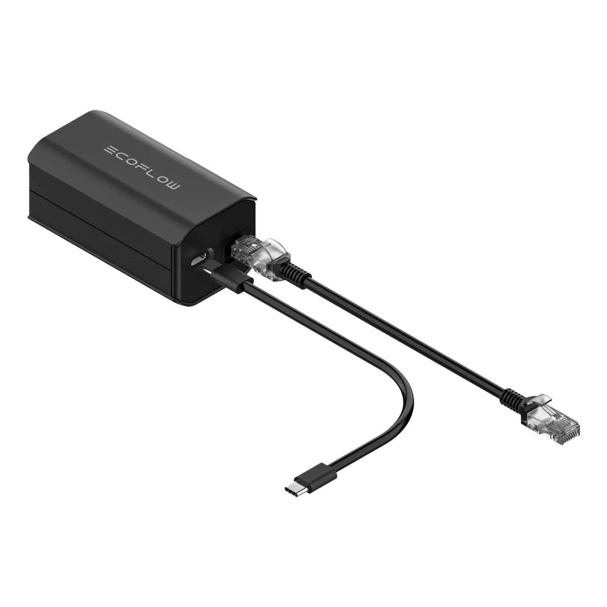 Schwarze COFOLU-Adapterbox mit zwei angebrachten Kabeln: ein USB-C-Stecker und ein Ethernet-/RJ45-Anschluss.