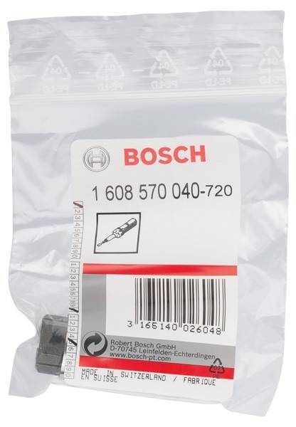 Eine Bosch-Verpackung mit der Produktcodenummer '1 608 570 040-720', die eine Skizze eines Bohrers zeigt. Die Verpackung enthält einen Strichcode und Firmendetails.