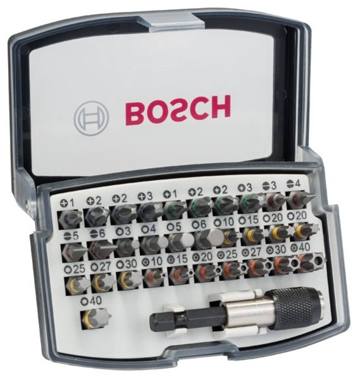Bosch-Schraubendreherbit-Set in einem Kunststoffkoffer mit verschiedenen beschrifteten Bits und einem Ratschenschraubendreherhalter