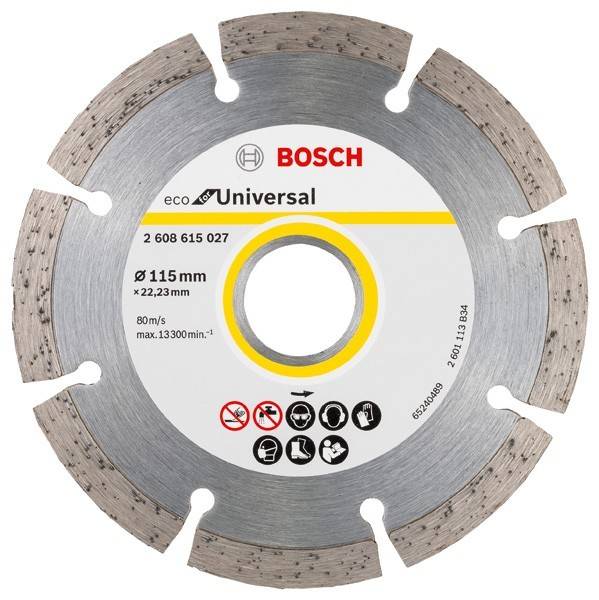 Bosch Eco Universal Kreissägeblatt aus Diamant mit 115 mm x 22,23 mm, frontal dargestellt mit segmentierter Schneidkante und Sicherheitssymbolen.