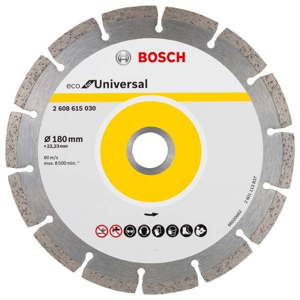 Bosch eco Universal 180 mm Diamanttrennscheibe, frontal dargestellt mit beschrifteten Produktdetails und Mittelloch.