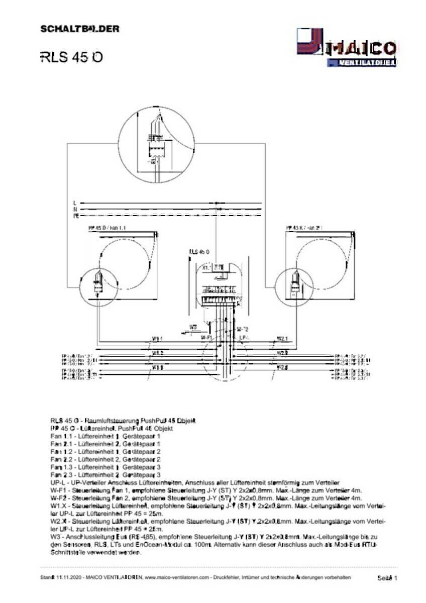 Technische Zeichnung der Lüftungsanlage RLS 45.0 mit zwei Ventilatoren, Verdrahtungsanschlüssen und beschrifteten Komponenten. Enthält detaillierte Installationsanweisungen auf Deutsch.
