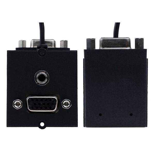 Zwei schwarze Audio-Video-Wanddosen mit VGA- und Audioschnittstellen, die jeweils ein sicheres Montagelayout und eine kompakte Schnittstelle aufweisen.