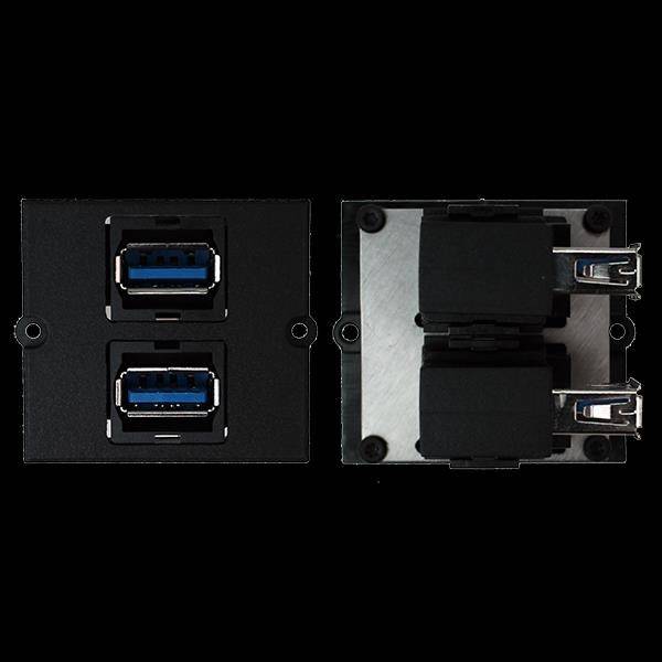 Zwei schwarze USB 3.0-Anschlüsse auf einem schwarzen Panel, von vorne und der Seite betrachtet.