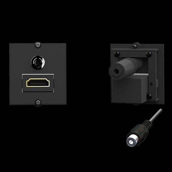 Zwei schwarze Wandplatten, eine mit einem HDMI-Anschluss und die andere mit einer Gleichstrom-Steckdose, vor einem schwarzen Hintergrund. Ein Gleichstrom-Stecker ist separat abgebildet.