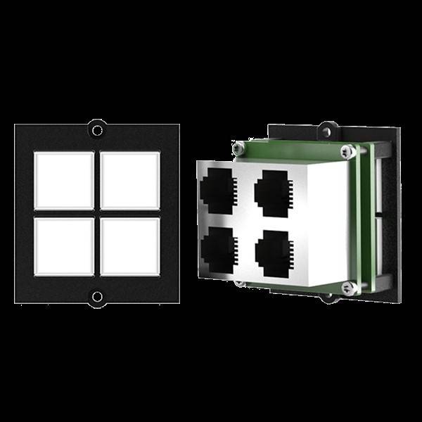 Quattro'-Logo links mit einem Rasterdesign und eine 3D-Darstellung rechts mit vier gestapelten RJ45-Anschlüssen in einem Gehäuse.