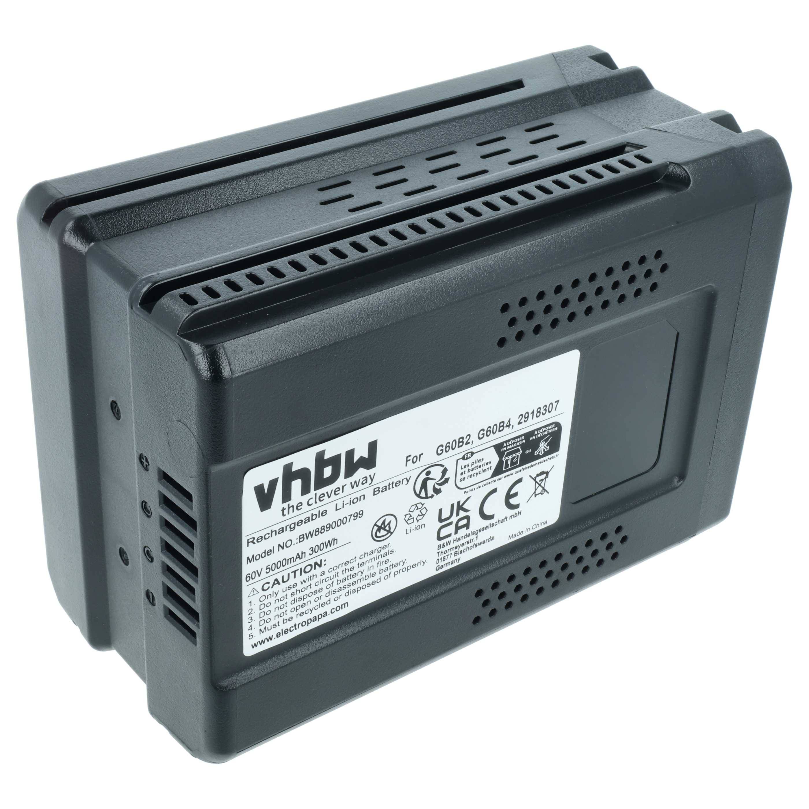 vhbw Akku kompatibel mit Powerworks PD60PS, PD60LM51SP, PD60LT, PD60LM46HP, PD60LM46SP, PD60LM41 Rasenmäher Akku-Gartengerät (5Ah, 60V Li-Ion)