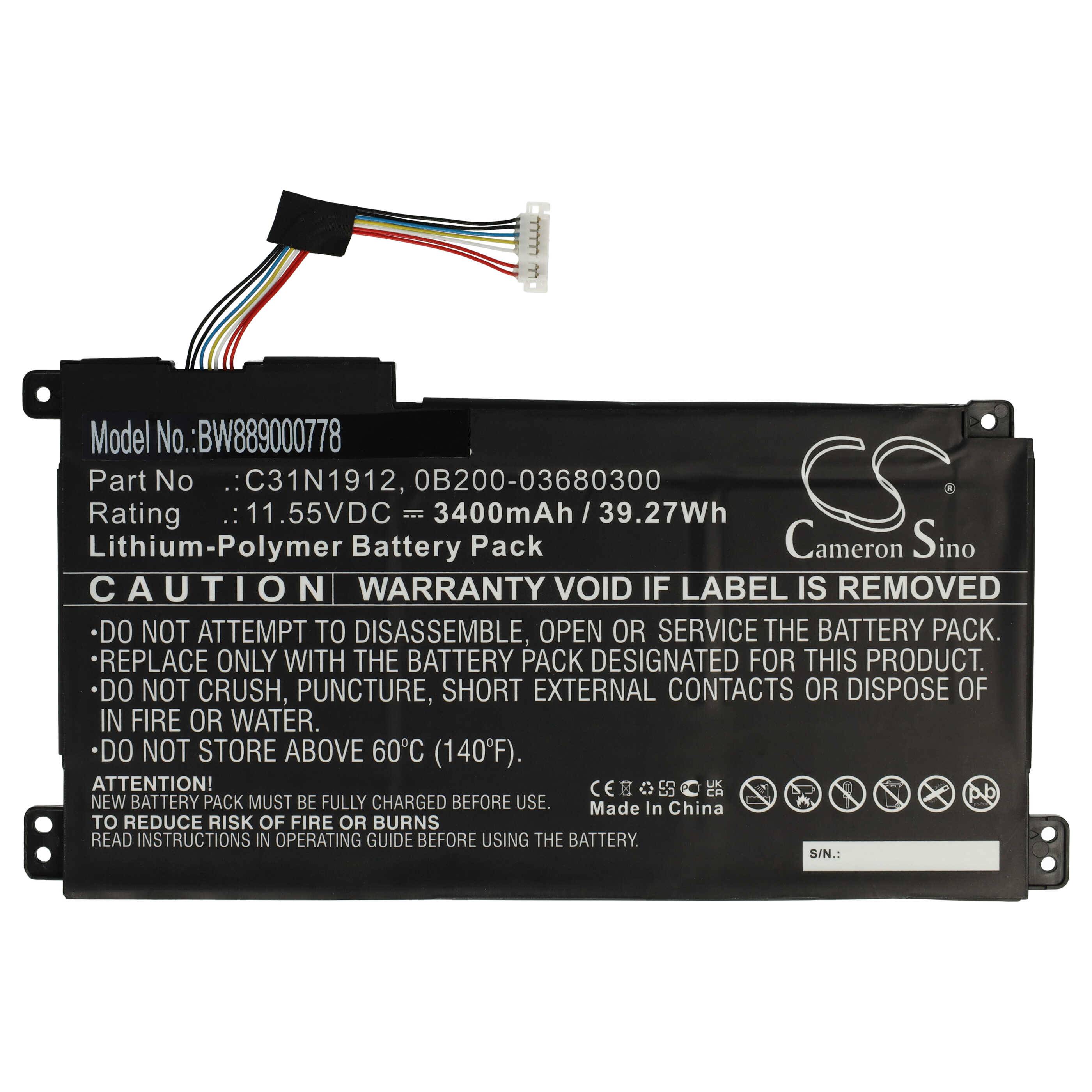 vhbw Akku kompatibel mit Asus E510MA-BR143T, E410MA, E510MA, E510MA-BR058T, E510MA-BR059T Notebook (3400 mAh, 11,55 V, Li-Polymer)