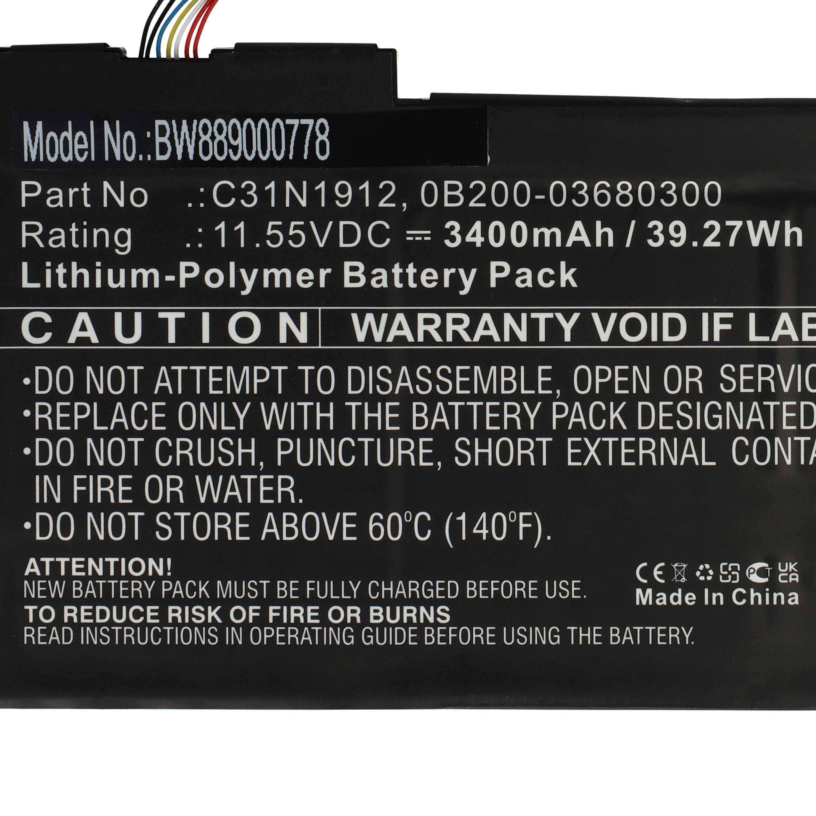 Lithium-Polymer-Akkupack, Modellnummer: BW88900778, Spannung: 11,55V, Kapazität: 3400mAh/39,27Wh, VORSICHT: Nicht auseinandernehmen. Nur mit angegebenem Akku ersetzen.
