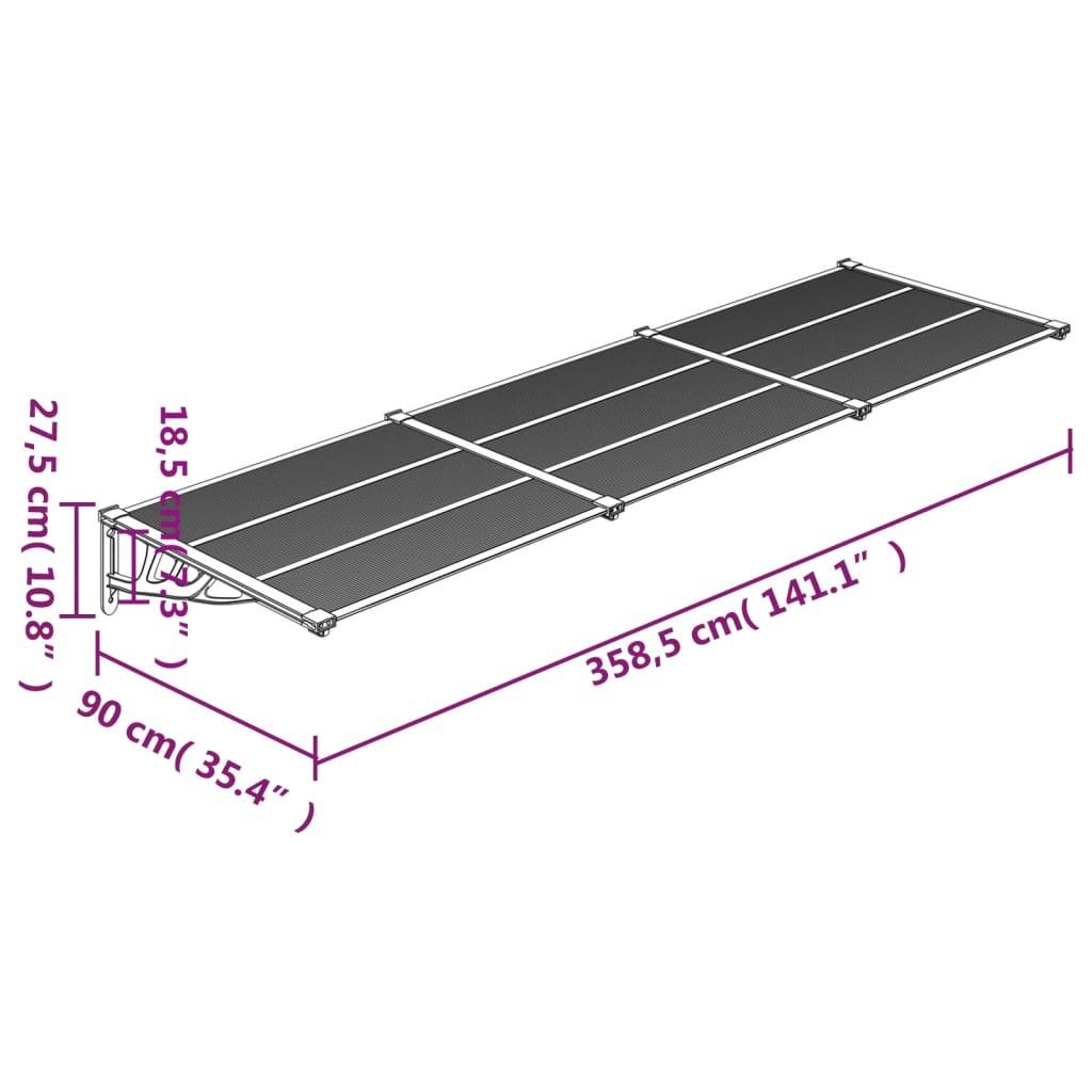 vidaXL Türvordach Grau und Transparent 358,5x90 cm Polycarbonat