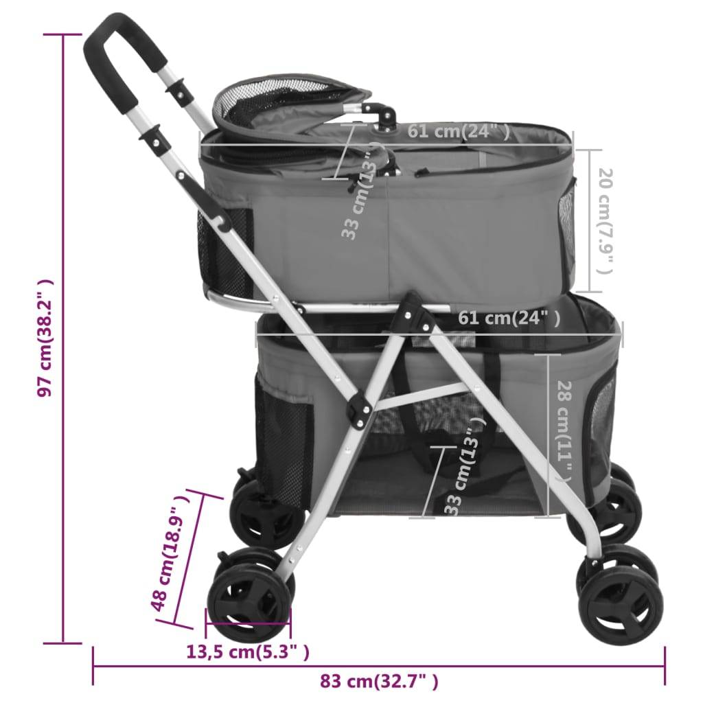 vidaXL Hundewagen für 2 Hunde Faltbar Grau 83x48x97 cm Oxford-Gewebe