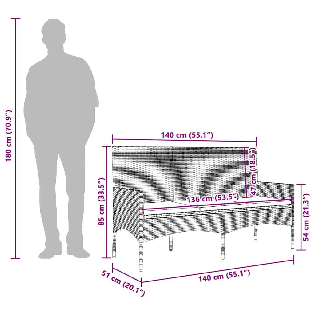 vidaXL Gartenbank 3-Sitzer mit Kissen Schwarz Poly Rattan