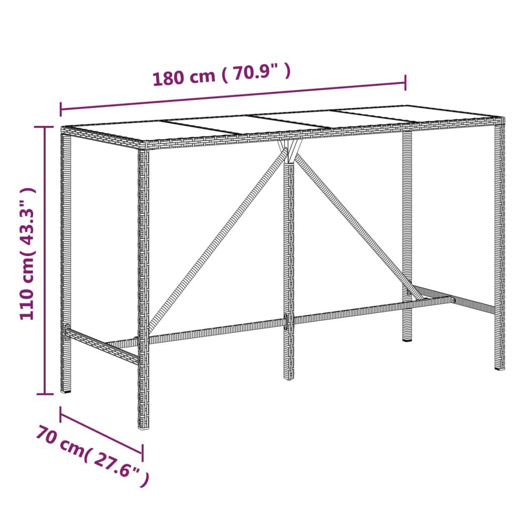 vidaXL Bartisch mit Glasplatte Grau 180x70x110 cm Poly Rattan
