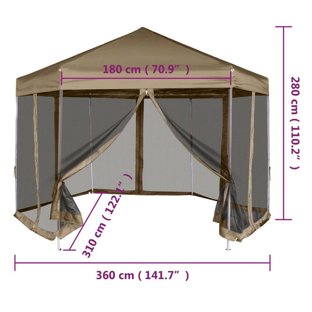 vidaXL Faltpavillon mit Seitenwänden Sechseckig 3,6x3,1m Taupe 220g/m²