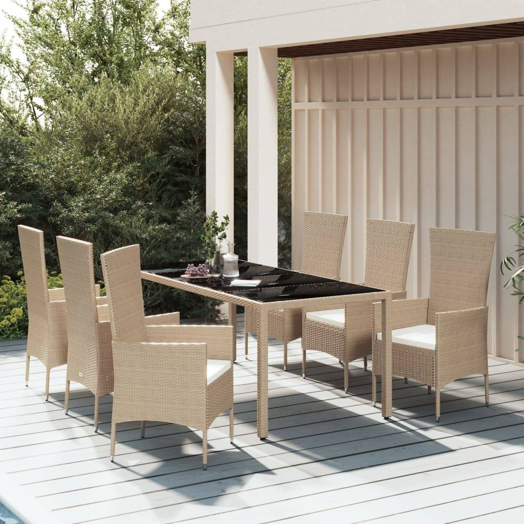 vidaXL 7-tlg. Garten-Essgruppe mit Kissen Beige Poly Rattan