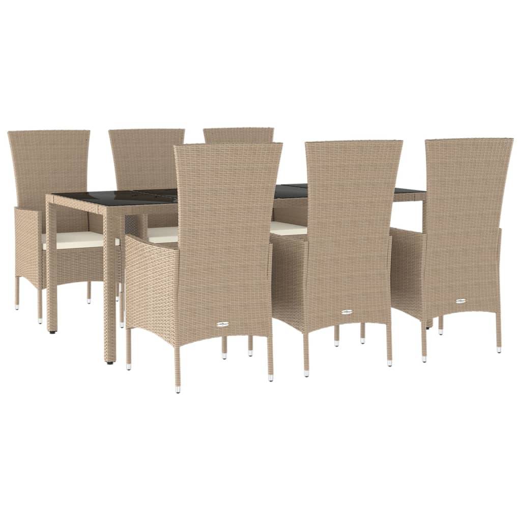 vidaXL 7-tlg. Garten-Essgruppe mit Kissen Beige Poly Rattan
