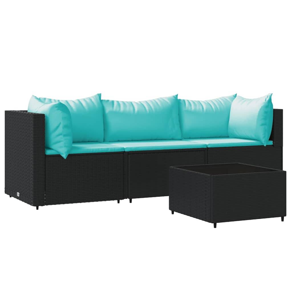 vidaXL 4-tlg. Garten-Lounge-Set mit Kissen Schwarz Poly Rattan