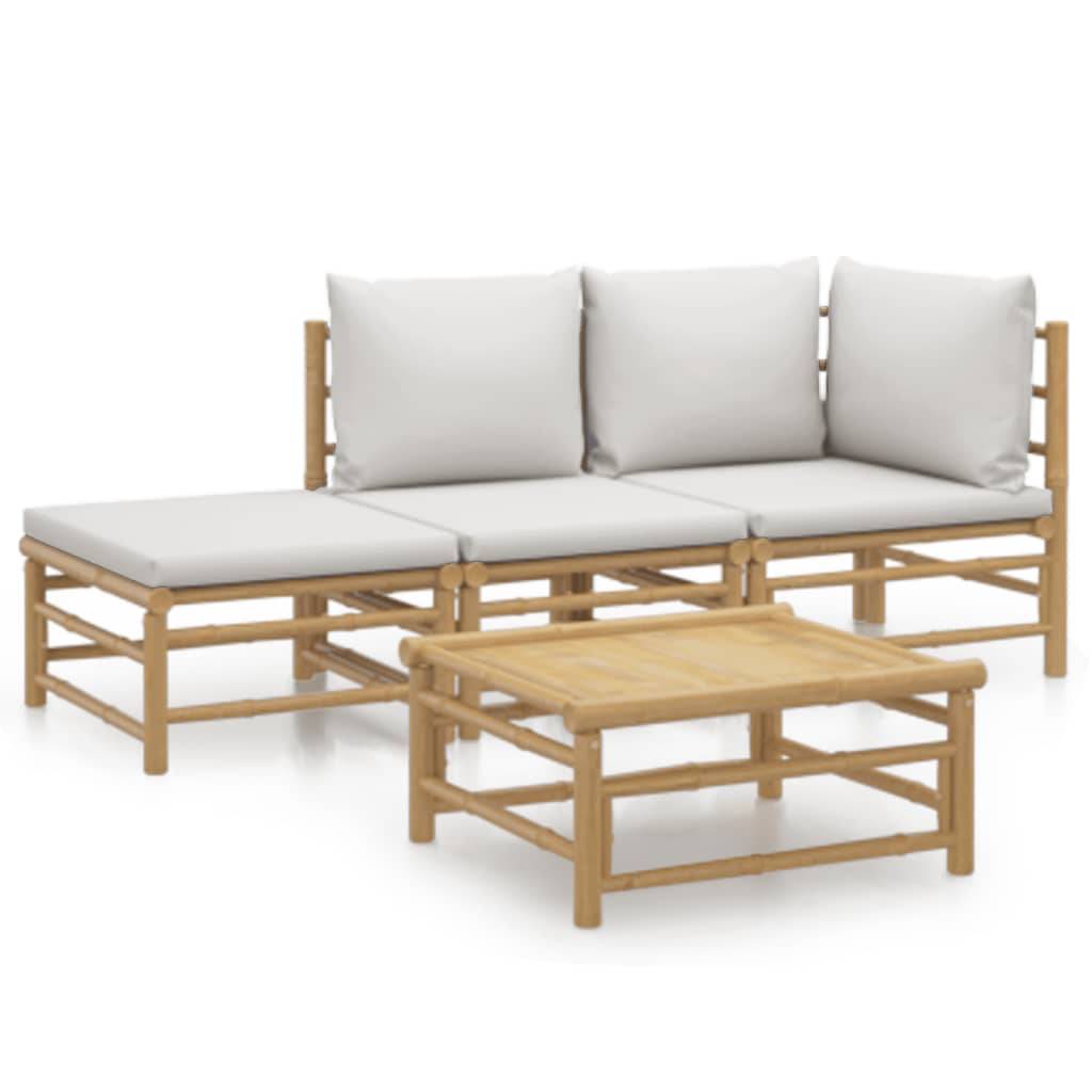 vidaXL 4-tlg. Garten-Lounge-Set mit Hellgrauen Kissen Bambus