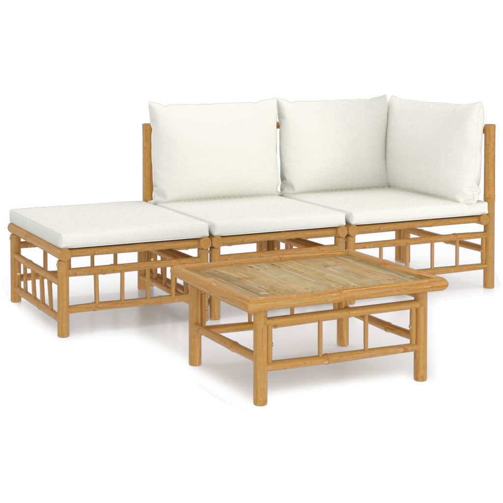 vidaXL 4-tlg. Garten-Lounge-Set mit Cremeweißen Kissen Bambus