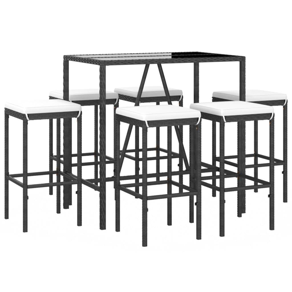 vidaXL 7-tlg. Gartenbar-Set mit Kissen Schwarz Poly Rattan