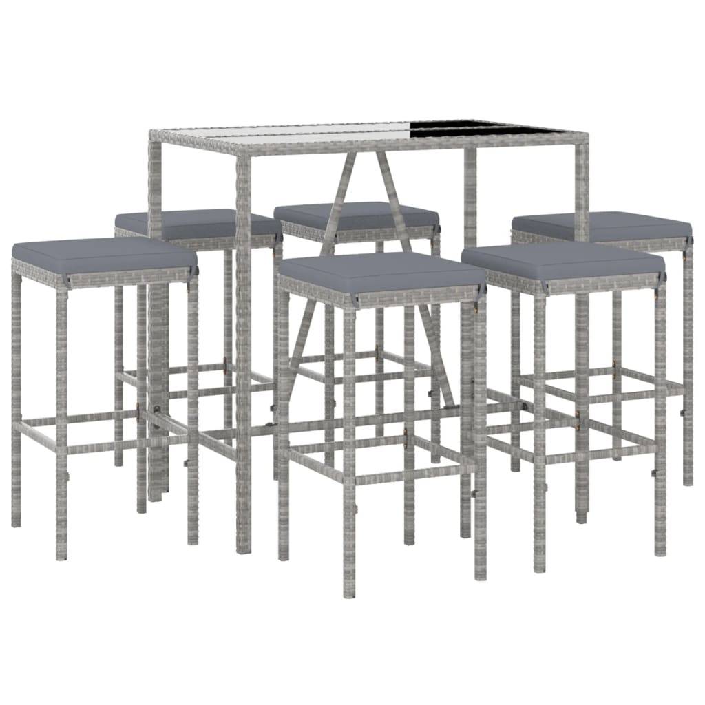 vidaXL 7-tlg. Gartenbar-Set mit Kissen Grau Poly Rattan