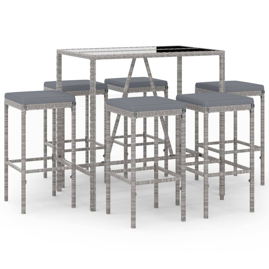 vidaXL 7-tlg. Gartenbar-Set mit Kissen Grau Poly Rattan