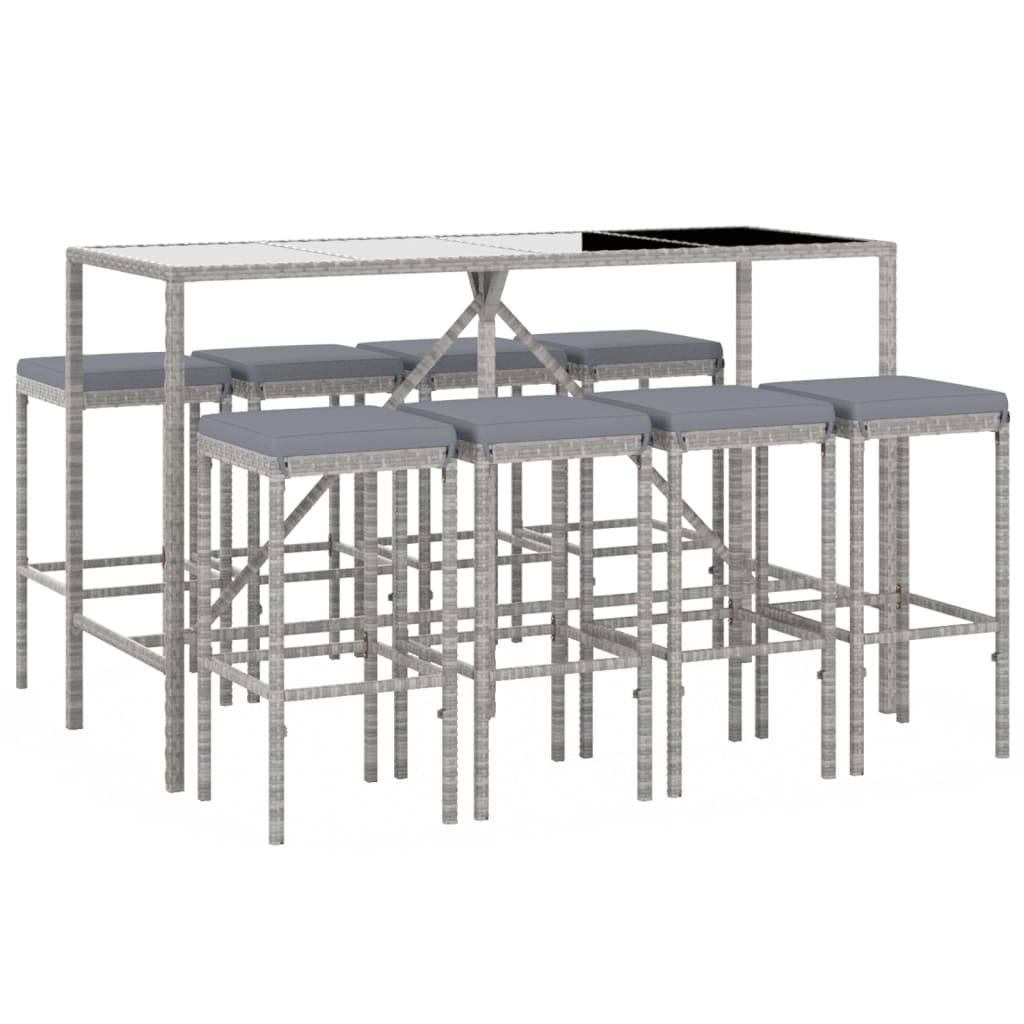 vidaXL 9-tlg. Gartenbar-Set mit Kissen Grau Poly Rattan