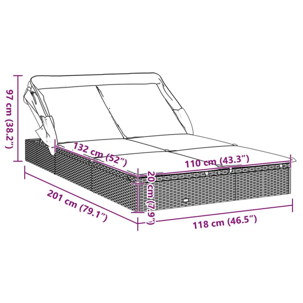vidaXL 2-Personen-Sonnenliege mit Dach Grau 213x118x97 Poly Rattan
